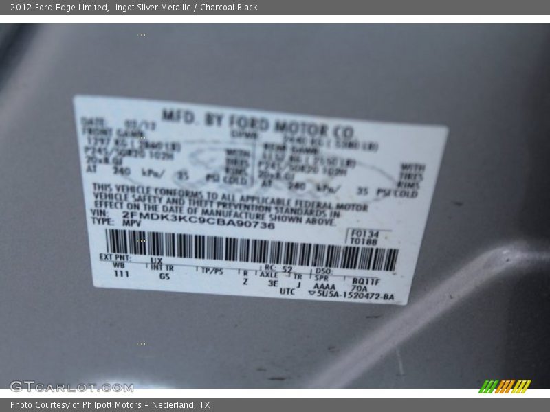 Ingot Silver Metallic / Charcoal Black 2012 Ford Edge Limited