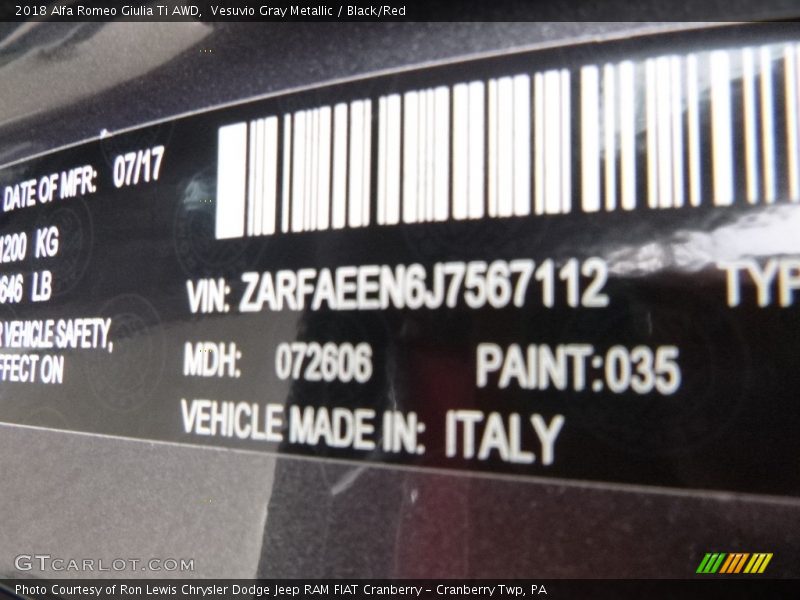 2018 Giulia Ti AWD Vesuvio Gray Metallic Color Code 035