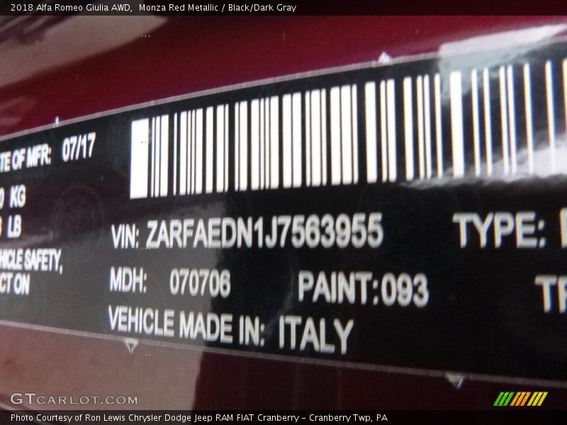 2018 Giulia AWD Monza Red Metallic Color Code 093