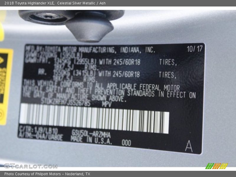 Celestial Silver Metallic / Ash 2018 Toyota Highlander XLE