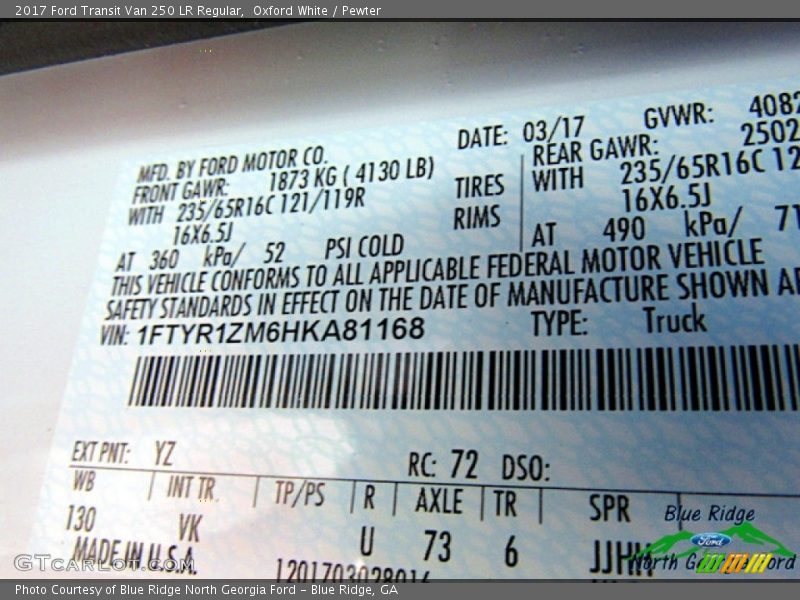 Oxford White / Pewter 2017 Ford Transit Van 250 LR Regular