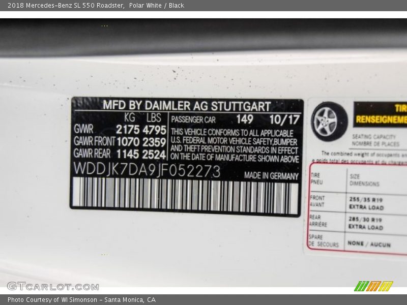 2018 SL 550 Roadster Polar White Color Code 149