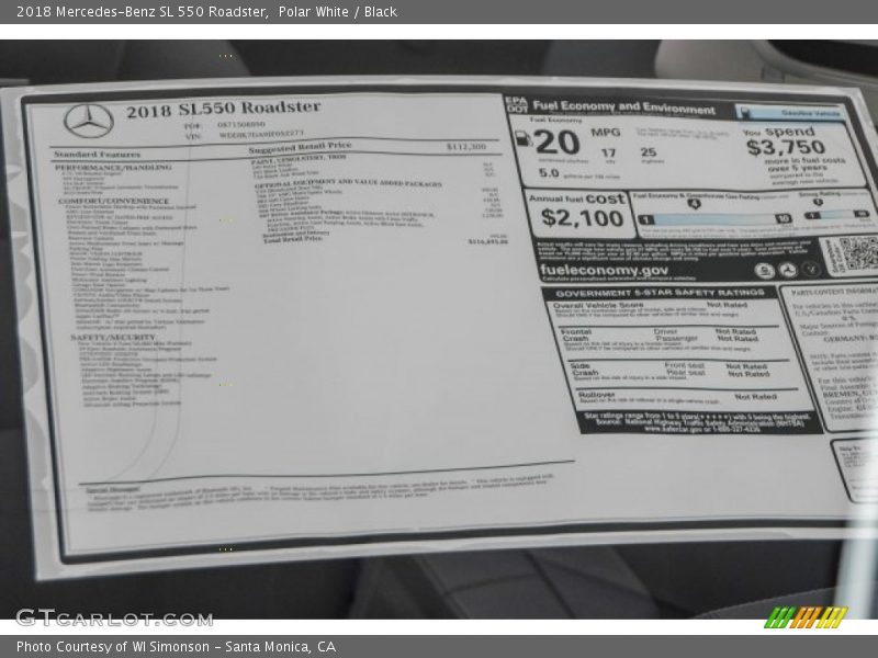  2018 SL 550 Roadster Window Sticker