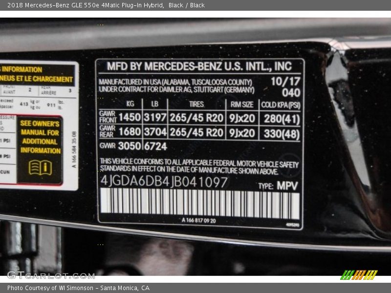 2018 GLE 550e 4Matic Plug-In Hybrid Black Color Code 040