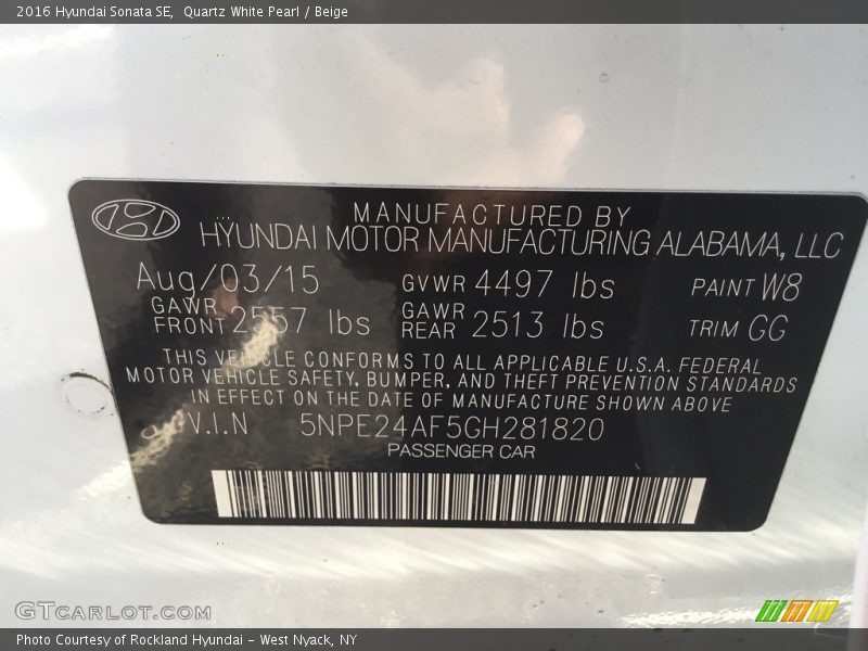 Quartz White Pearl / Beige 2016 Hyundai Sonata SE