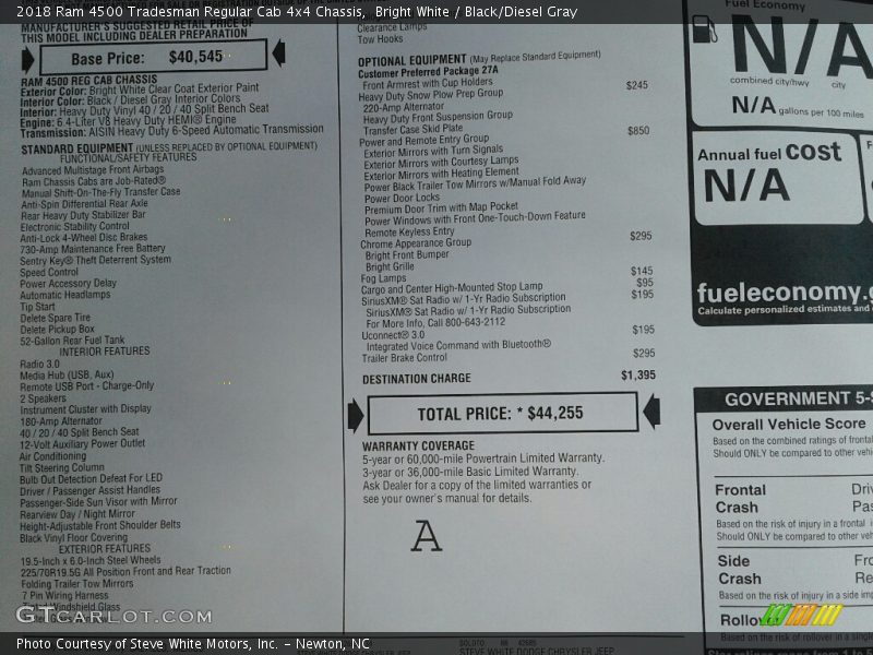 Bright White / Black/Diesel Gray 2018 Ram 4500 Tradesman Regular Cab 4x4 Chassis
