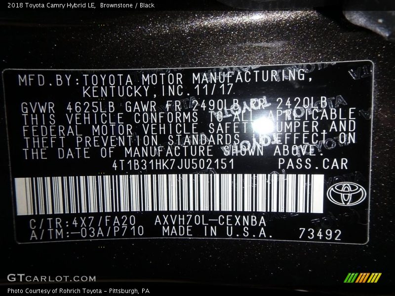 2018 Camry Hybrid LE Brownstone Color Code 4X7