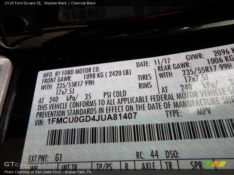 Shadow Black / Charcoal Black 2018 Ford Escape SE