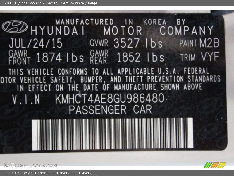Century White / Beige 2016 Hyundai Accent SE Sedan