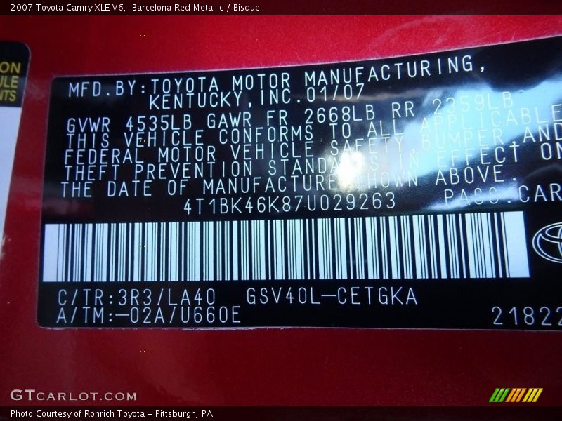 Barcelona Red Metallic / Bisque 2007 Toyota Camry XLE V6