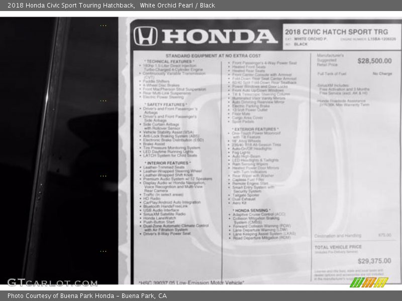 White Orchid Pearl / Black 2018 Honda Civic Sport Touring Hatchback