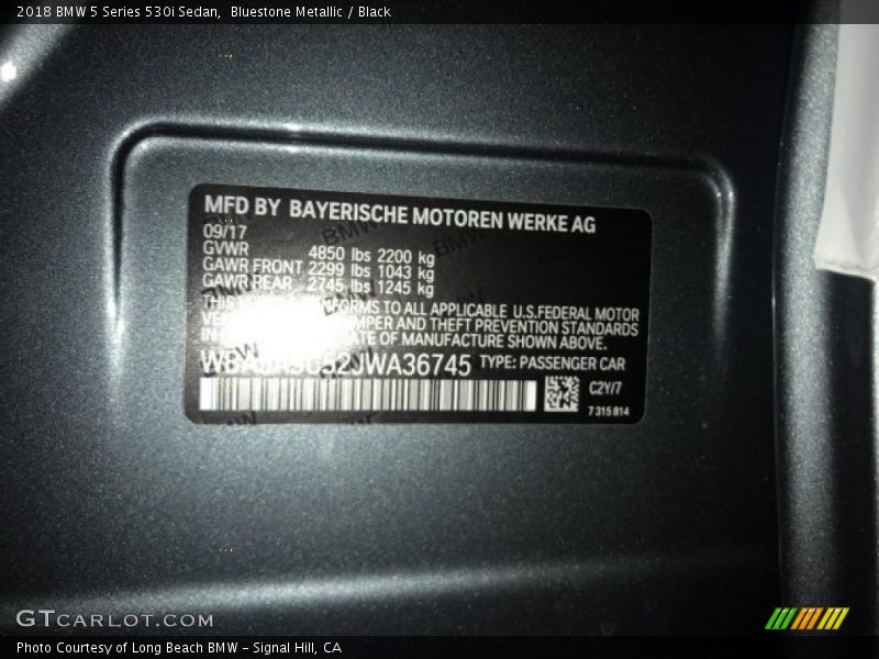 Bluestone Metallic / Black 2018 BMW 5 Series 530i Sedan