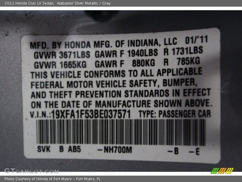 Alabaster Silver Metallic / Gray 2011 Honda Civic LX Sedan