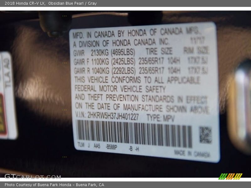 2018 CR-V LX Obsidian Blue Pearl Color Code B588P