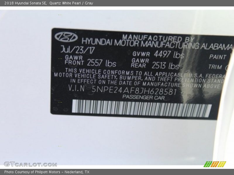Quartz White Pearl / Gray 2018 Hyundai Sonata SE