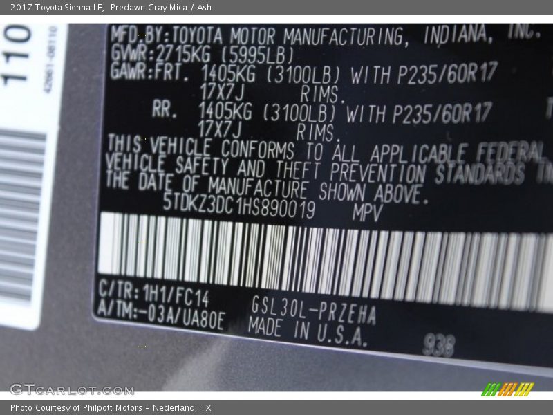 Predawn Gray Mica / Ash 2017 Toyota Sienna LE