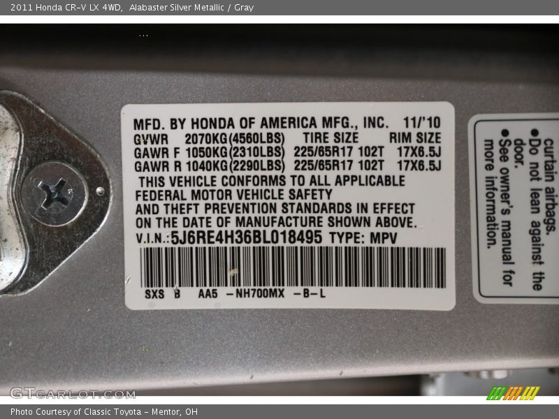 Alabaster Silver Metallic / Gray 2011 Honda CR-V LX 4WD