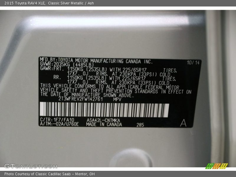 Classic Silver Metallic / Ash 2015 Toyota RAV4 XLE