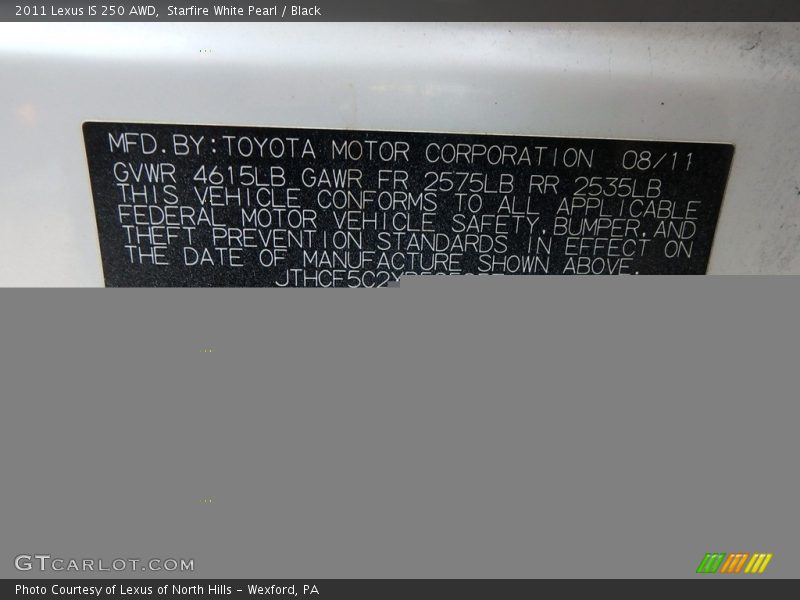 Starfire White Pearl / Black 2011 Lexus IS 250 AWD