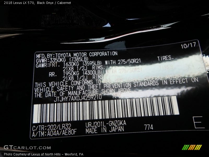 2018 LX 570 Black Onyx Color Code 202