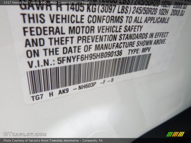 White Diamond Pearl / Beige 2017 Honda Pilot Touring AWD