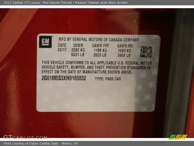 Red Passion Tintcoat / Medium Titanium w/Jet Black Accents 2017 Cadillac XTS Luxury