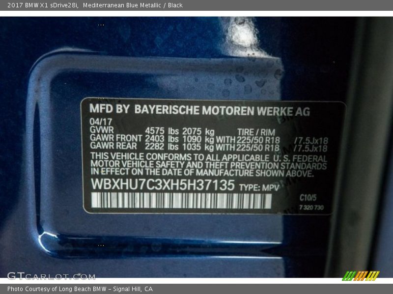 Mediterranean Blue Metallic / Black 2017 BMW X1 sDrive28i