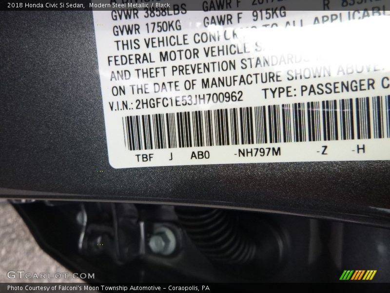 2018 Civic Si Sedan Modern Steel Metallic Color Code NH797M