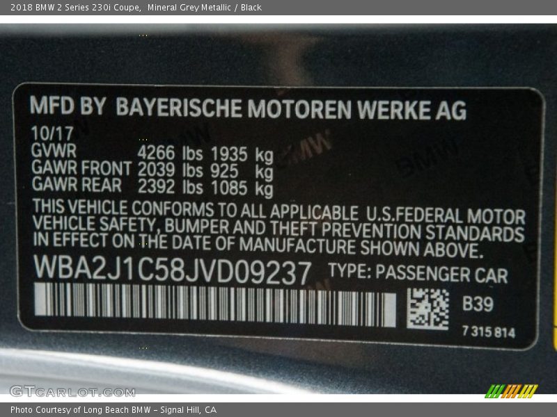 2018 2 Series 230i Coupe Mineral Grey Metallic Color Code B39