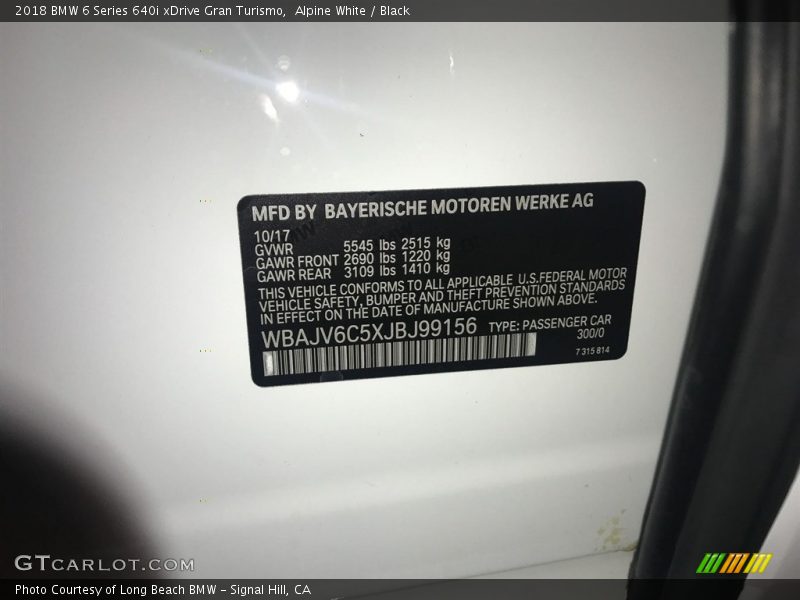 Alpine White / Black 2018 BMW 6 Series 640i xDrive Gran Turismo