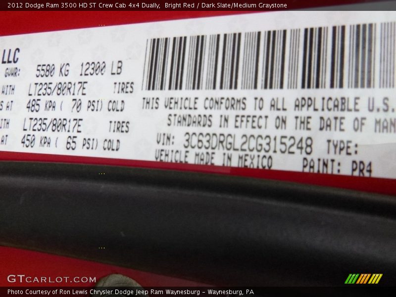 Bright Red / Dark Slate/Medium Graystone 2012 Dodge Ram 3500 HD ST Crew Cab 4x4 Dually