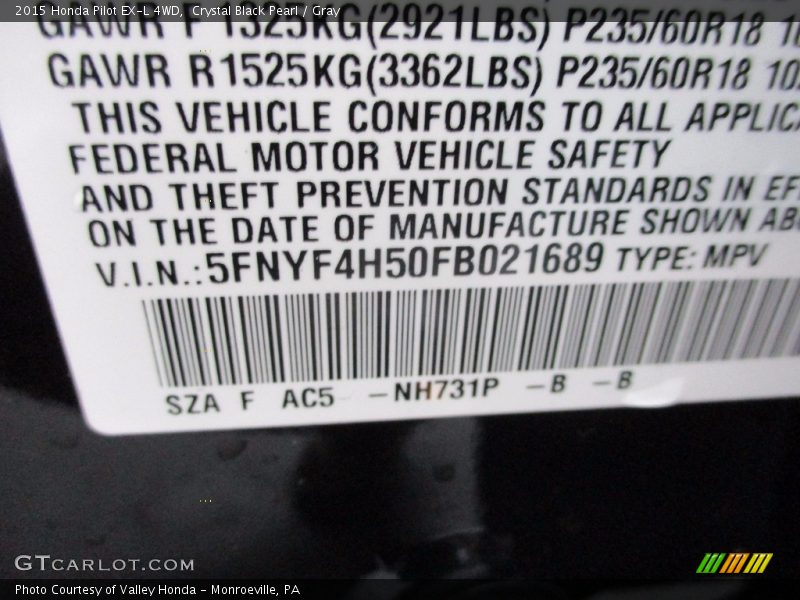 Crystal Black Pearl / Gray 2015 Honda Pilot EX-L 4WD