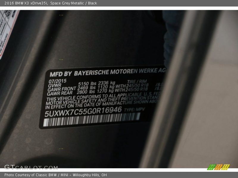Space Grey Metallic / Black 2016 BMW X3 xDrive35i