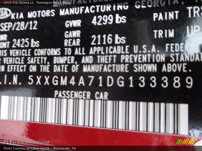 Remington Red / Beige 2013 Kia Optima LX