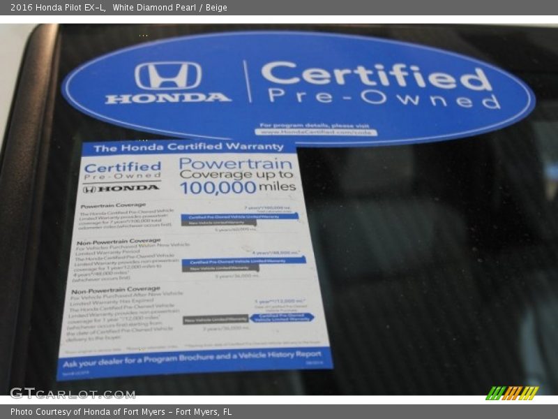 White Diamond Pearl / Beige 2016 Honda Pilot EX-L