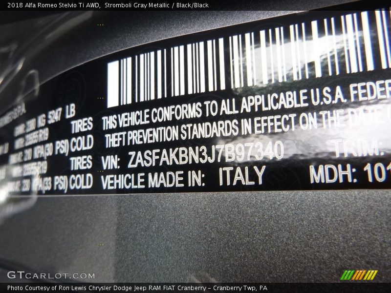 Stromboli Gray Metallic / Black/Black 2018 Alfa Romeo Stelvio Ti AWD