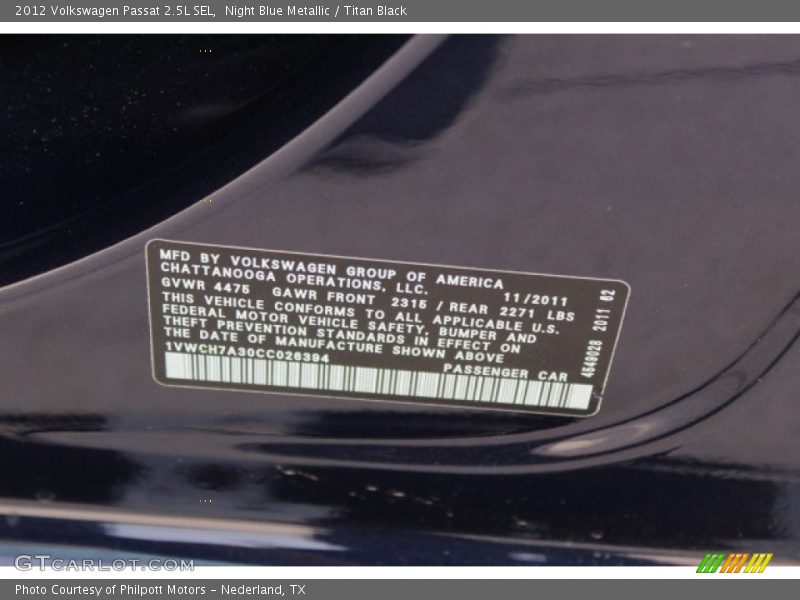 Night Blue Metallic / Titan Black 2012 Volkswagen Passat 2.5L SEL