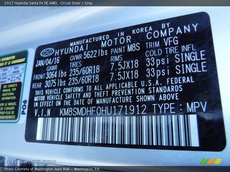 Circuit Silver / Gray 2017 Hyundai Santa Fe SE AWD