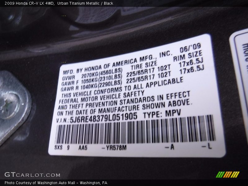 Urban Titanium Metallic / Black 2009 Honda CR-V LX 4WD