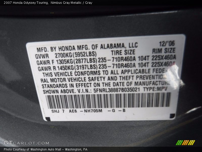 Nimbus Gray Metallic / Gray 2007 Honda Odyssey Touring