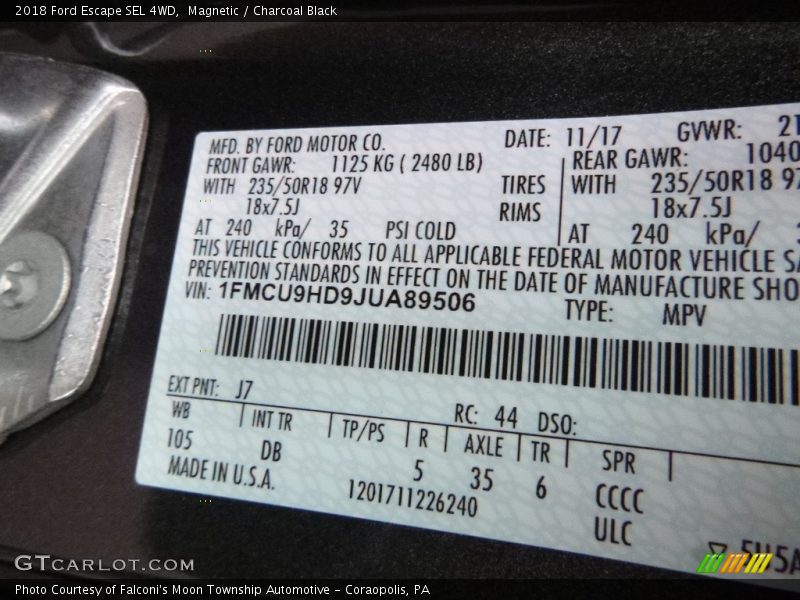 2018 Escape SEL 4WD Magnetic Color Code J7