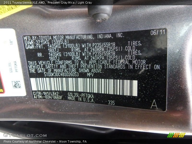 Predawn Gray Mica / Light Gray 2011 Toyota Sienna XLE AWD