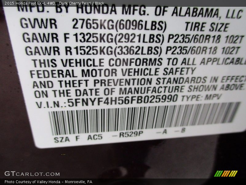 Dark Cherry Pearl / Black 2015 Honda Pilot EX-L 4WD