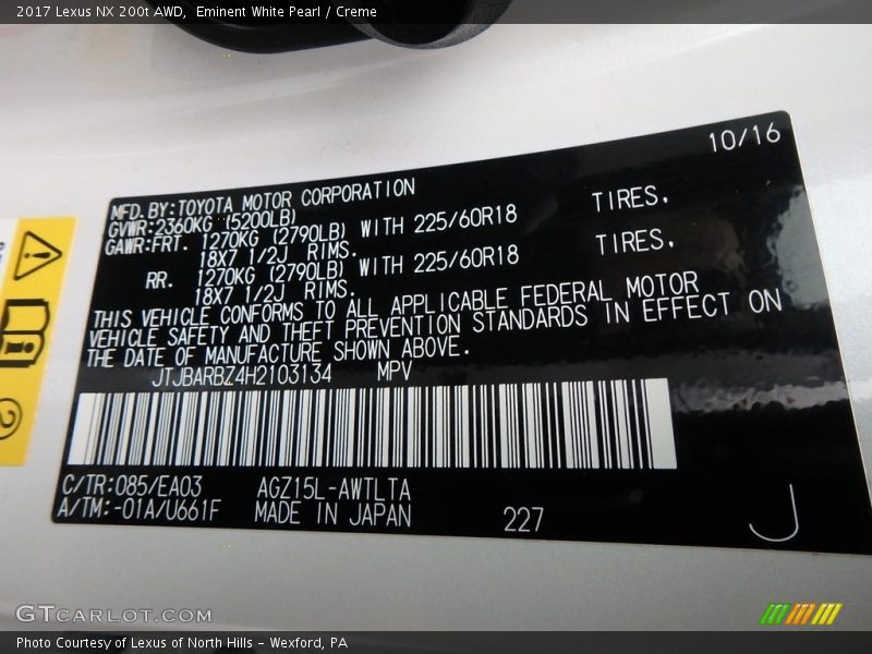 Eminent White Pearl / Creme 2017 Lexus NX 200t AWD