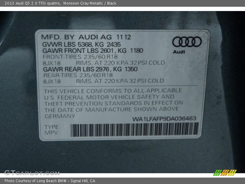 Monsoon Gray Metallic / Black 2013 Audi Q5 2.0 TFSI quattro