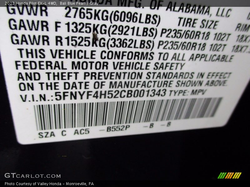 Bali Blue Pearl / Gray 2012 Honda Pilot EX-L 4WD