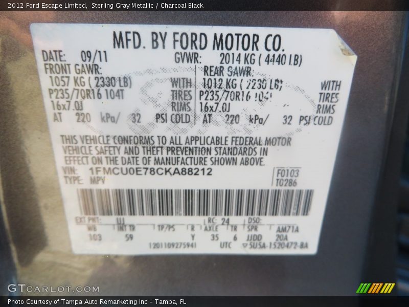 Sterling Gray Metallic / Charcoal Black 2012 Ford Escape Limited