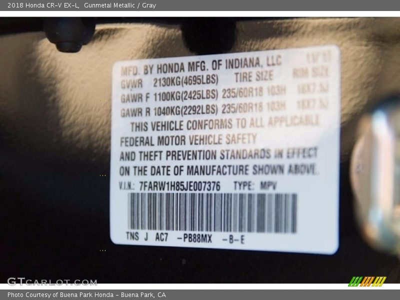 Gunmetal Metallic / Gray 2018 Honda CR-V EX-L