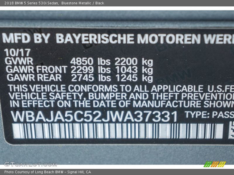 Bluestone Metallic / Black 2018 BMW 5 Series 530i Sedan