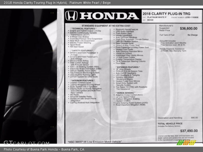  2018 Clarity Touring Plug In Hybrid Window Sticker